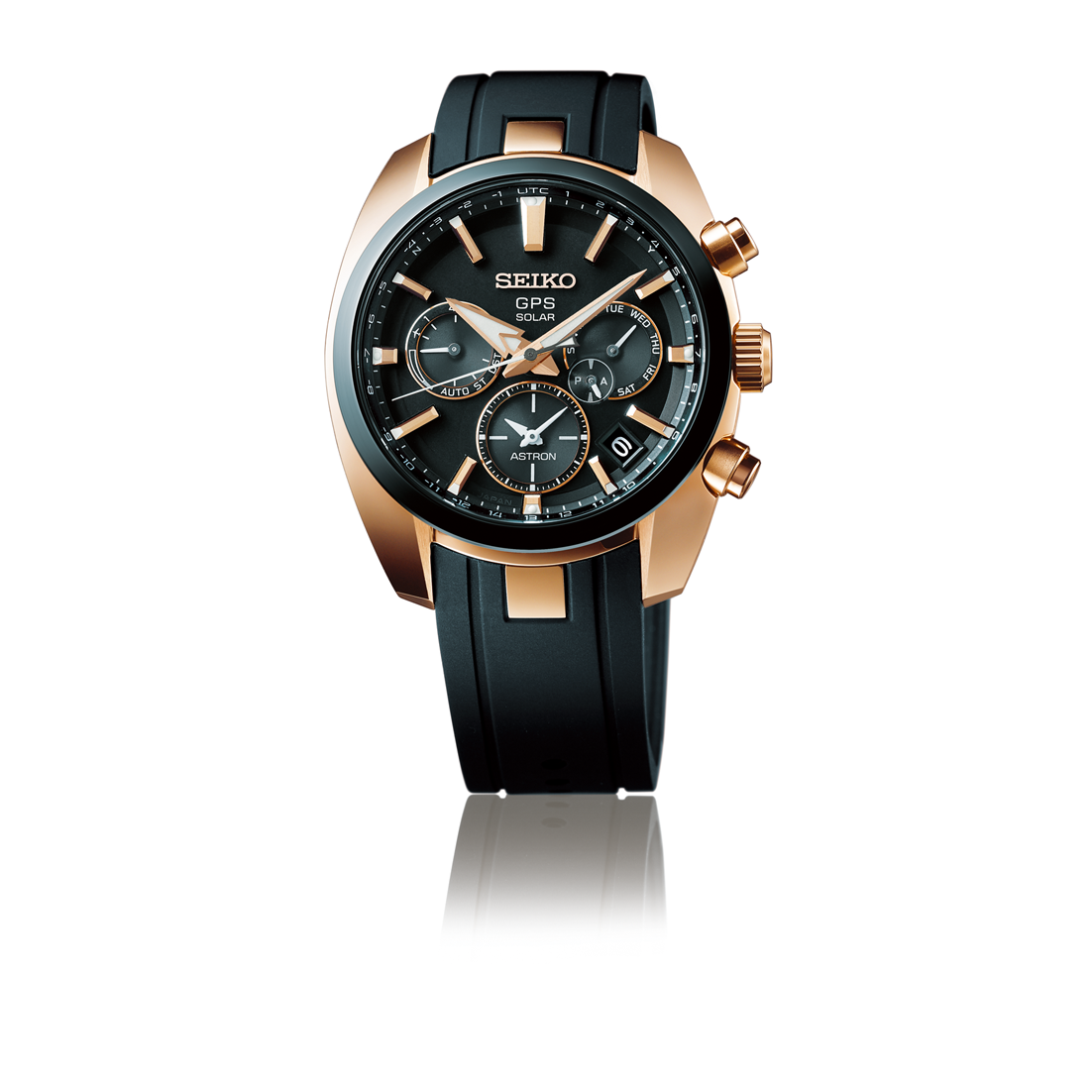 Seiko Astron – GPS Solar Dual Time Rose Gold Silcone Strap Black Dial  SSH024 – Golden Time Jewelers