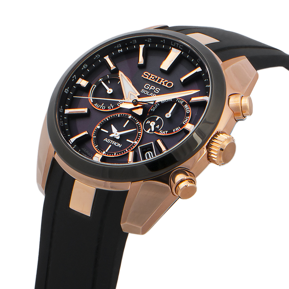 Seiko Astron – GPS Solar Dual Time Rose Gold Silcone Strap Black Dial  SSH024 – Golden Time Jewelers