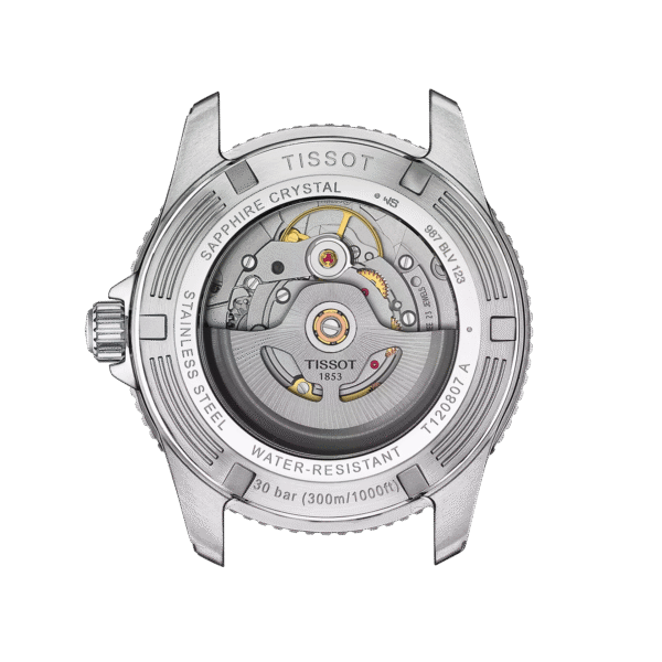 Back view of a Tissot wristwatch showcasing its mechanical movement.