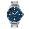 A sleek silver and blue Tissot diving watch with a stainless steel band.