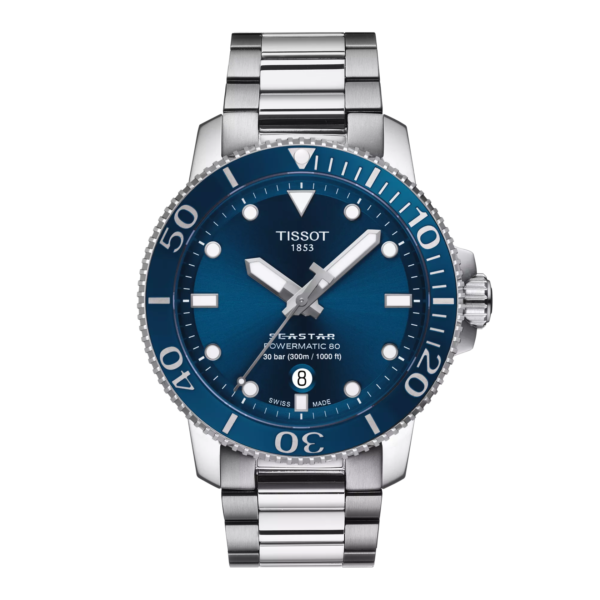 A sleek silver and blue Tissot diving watch with a stainless steel band.