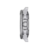 Side view of a sleek, metallic wristwatch with a detailed crown and bezel.