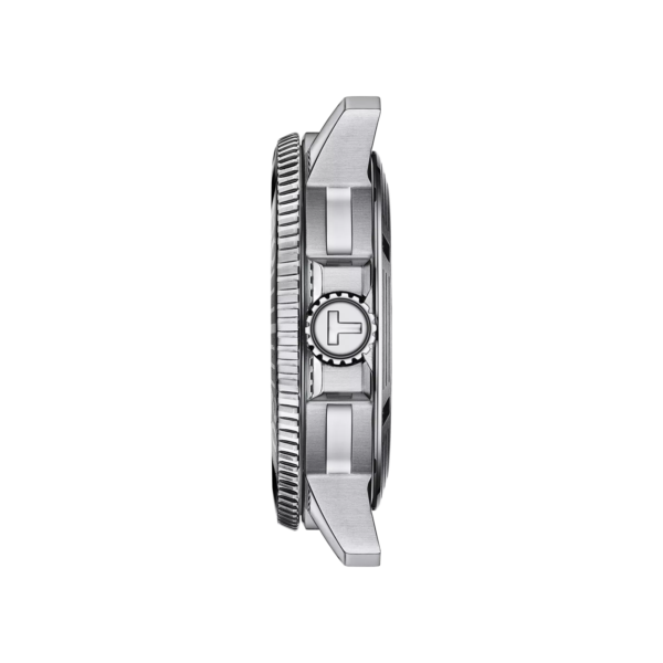 Side view of a sleek, metallic wristwatch with a detailed crown and bezel.