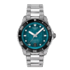 Silver wristwatch with a teal dial and black bezel.