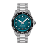 Silver wristwatch with a teal dial and black bezel.