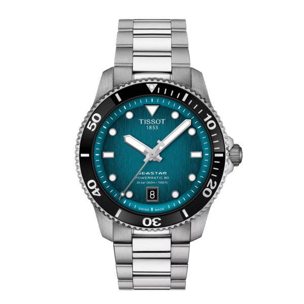 Silver wristwatch with a teal dial and black bezel.