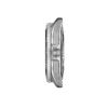 Side view of a silver wristwatch with a white strap.