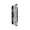 Side view of a stainless steel wristwatch with a detailed crown and pushers.
