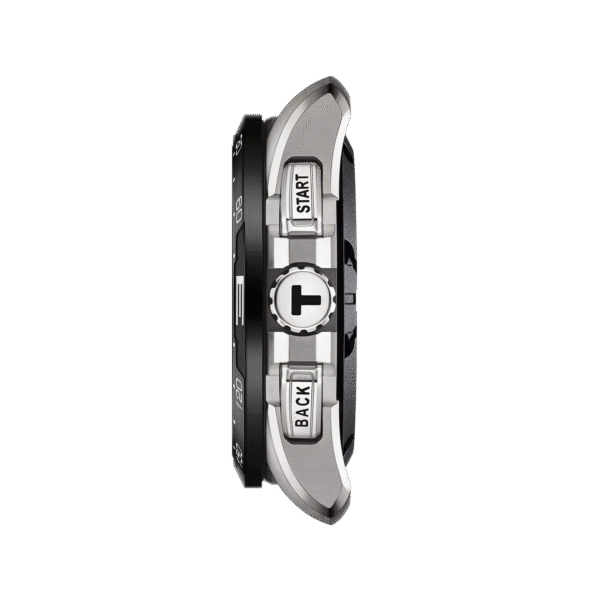 Side view of a stainless steel wristwatch with a detailed crown and pushers.