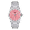 A silver wristwatch with a pink dial and date display.