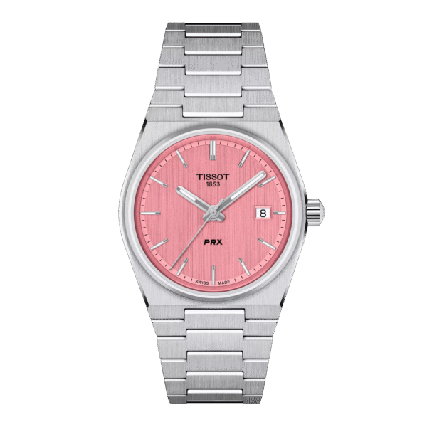 A silver wristwatch with a pink dial and date display.
