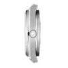 Side view of a sleek, silver smartwatch with a round button.