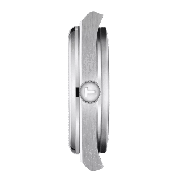 Side view of a sleek, silver smartwatch with a round button.