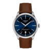 Elegant Tissot wristwatch with blue dial and brown leather strap.