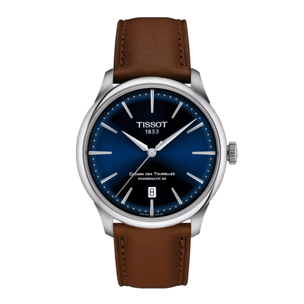 Elegant Tissot wristwatch with blue dial and brown leather strap.