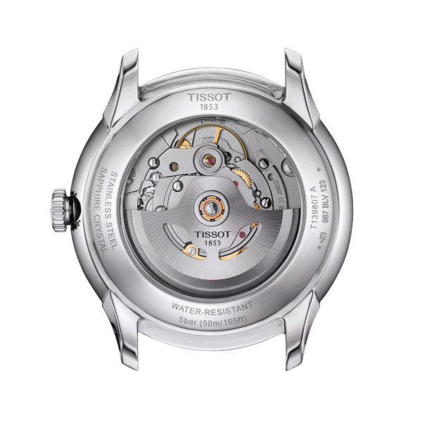 Back view of a mechanical watch showing intricate inner workings.