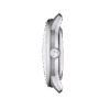 Side view of a sleek silver wristwatch with a round face and crown.