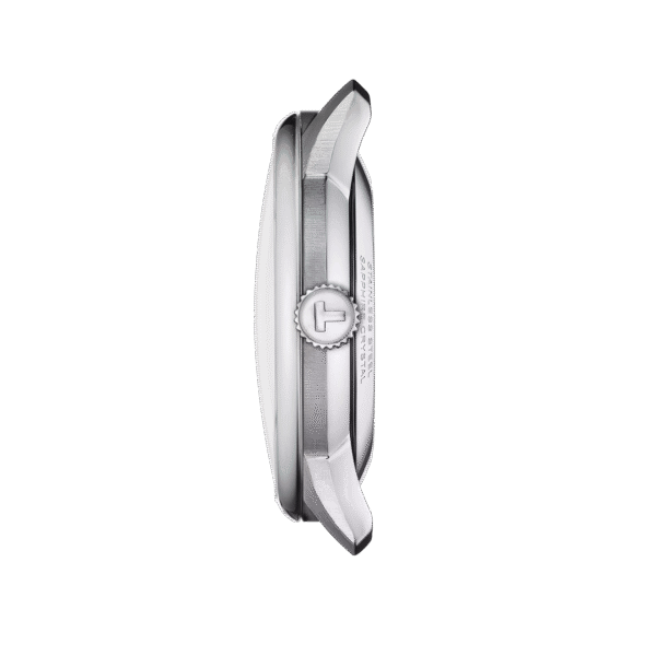 Side view of a sleek silver wristwatch with a round face and crown.