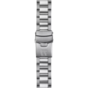 Silver metal watch band with a clasp.