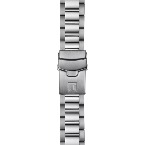 Silver metal watch band with a clasp.