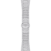 Silver metal watch band with a clasp.