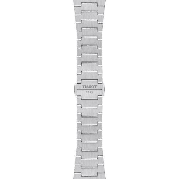 Silver metal watch band with a clasp.
