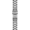 Silver metal watch band with a clasp.