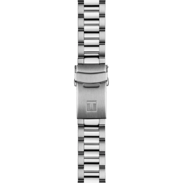 Silver metal watch band with a clasp.