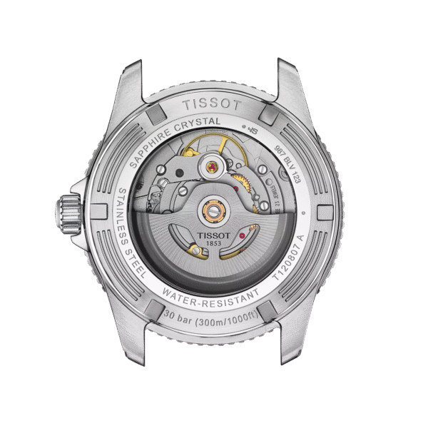 Back view of a Tissot automatic watch showing its intricate movement.