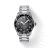 A sleek stainless steel dive watch with a black dial and bezel.