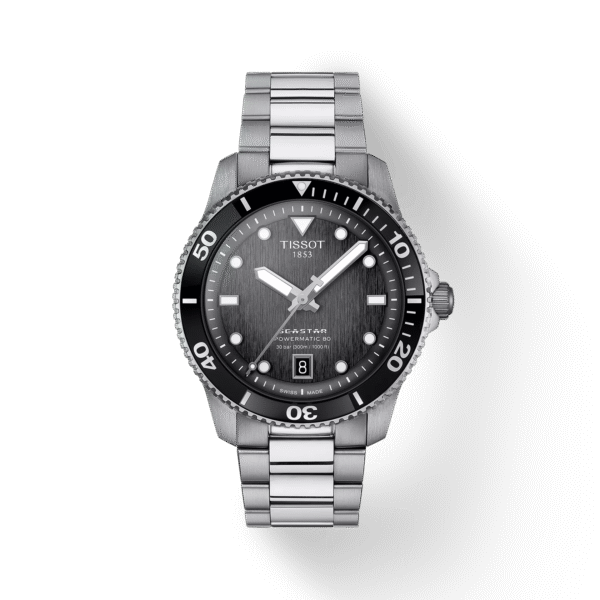 A sleek stainless steel dive watch with a black dial and bezel.