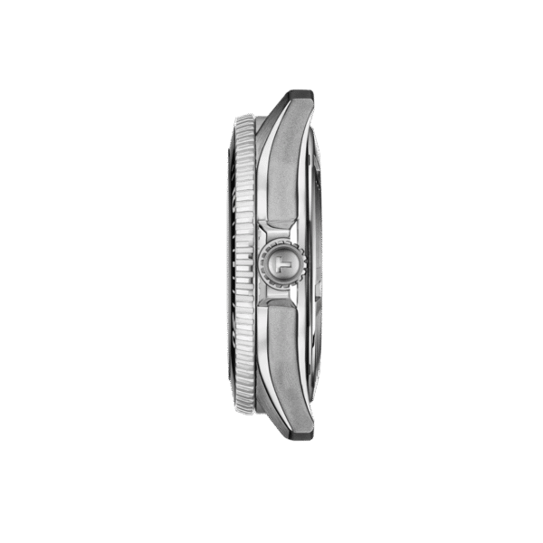 Side view of a wristwatch showing its profile and buttons.