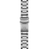 Silver metal watch band with a clasp and engraved logo.
