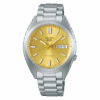 Silver wristwatch with gold dial and day-date display.