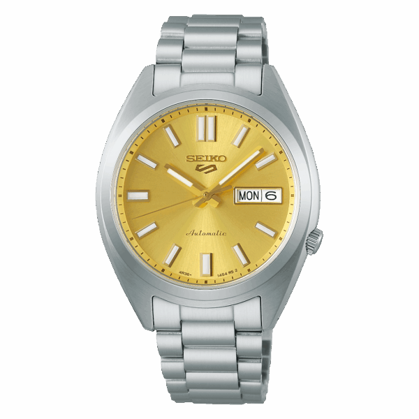 Silver wristwatch with gold dial and day-date display.