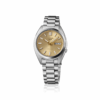 Elegant silver wristwatch with a gold-toned dial and metal bracelet.
