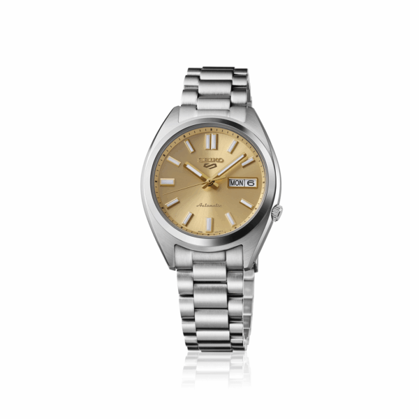 Elegant silver wristwatch with a gold-toned dial and metal bracelet.