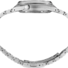 Side profile of a stainless steel wristwatch with a metal bracelet.