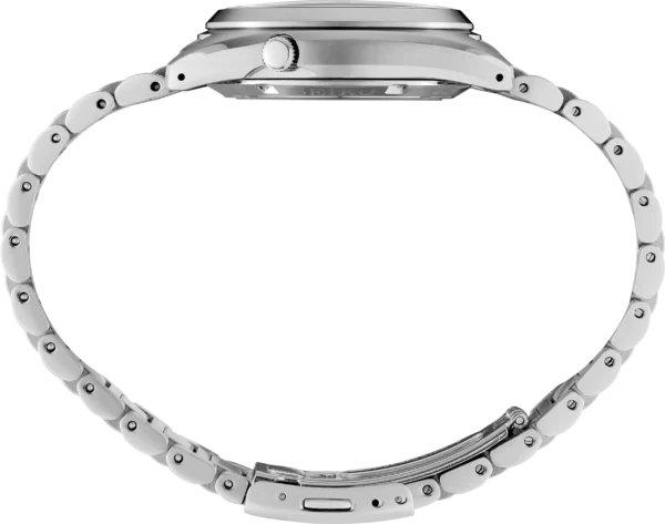 Side profile of a stainless steel wristwatch with a metal bracelet.