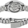 Silver wristwatch with visible mechanical movement and metal bracelet.
