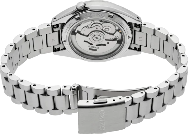 Silver wristwatch with visible mechanical movement and metal bracelet.
