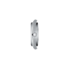 Side view of a sleek silver wristwatch with a crown.