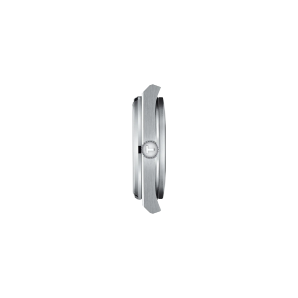 Side view of a sleek silver wristwatch with a crown.