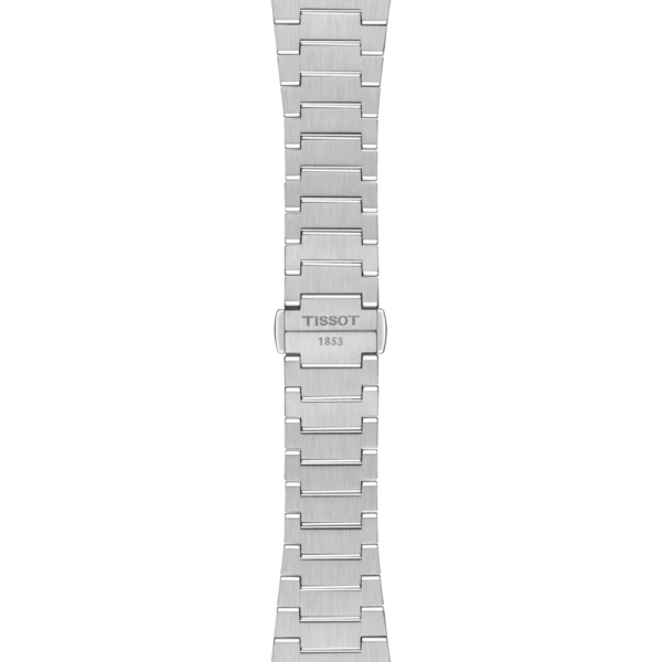 Silver metal watch strap with a clasp on a black background.