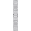 Silver metal watch strap with a clasp on a black background.