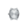 Silver wristwatch with a metallic band and blank dial.