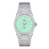 A silver wristwatch with a mint green dial and date display.