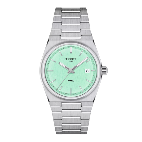 A silver wristwatch with a mint green dial and date display.