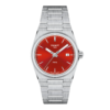 Silver wristwatch with a red dial and date display.