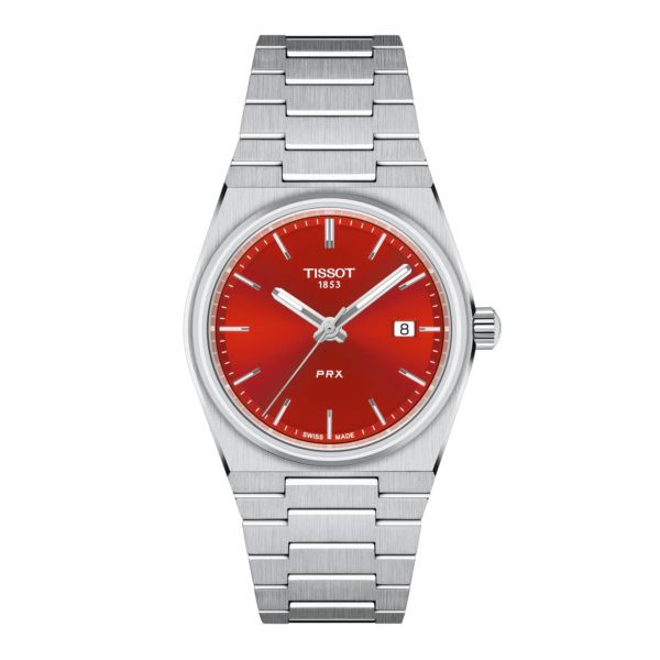 Silver wristwatch with a red dial and date display.